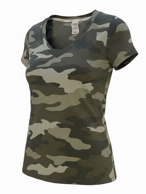 Victoria's Secret PINK Olive Green Camo V-Neck Tee Size XS